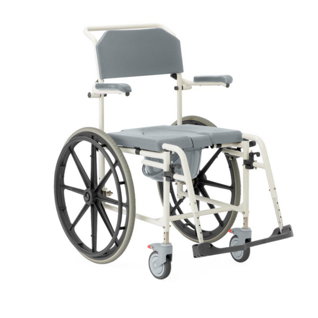 The Medline Aluminum Padded Shower Wheelchair Commode features a gray padded seat, armrests, large rear wheels, small front wheels, a foot support bar, and a white frame for accessible and comfortable use in bathroom settings.